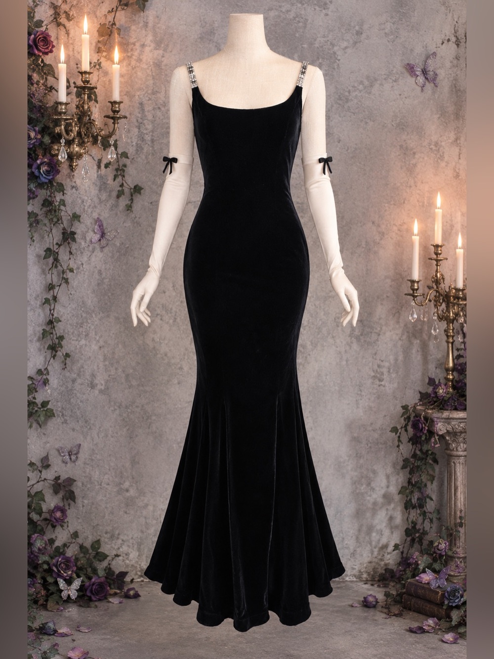Vtg 70s 80s Velvet Rhinestone Mermaid Gown Dress 6